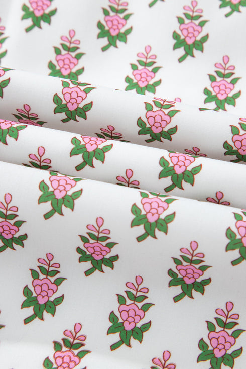 Pink Floral Print Bubble Sleeve Neck Tie Ruffled Dress